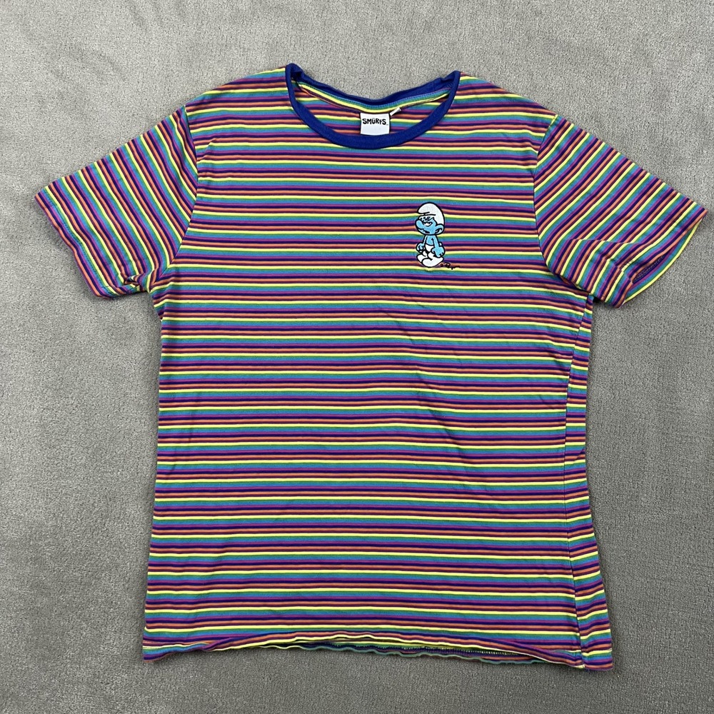 The Smurfs T-Shirt Womens Medium Rainbow Striped Ringer Grouchy Smurf Cotton Tee